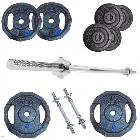 Set Kit Pesas Barra Mancuernas Juego* 62 Libras Gym Graduable